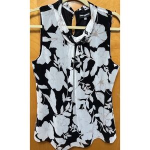 Karl Largerfeld Women Pearl Neck Floral Tank Blouse Keyhole Back Chiffon Lined L